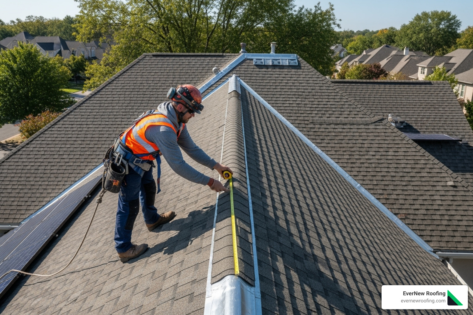 a roofer measuring a complex roof with multiple valleys and a steep pitch - average cost to tear off and replace roof