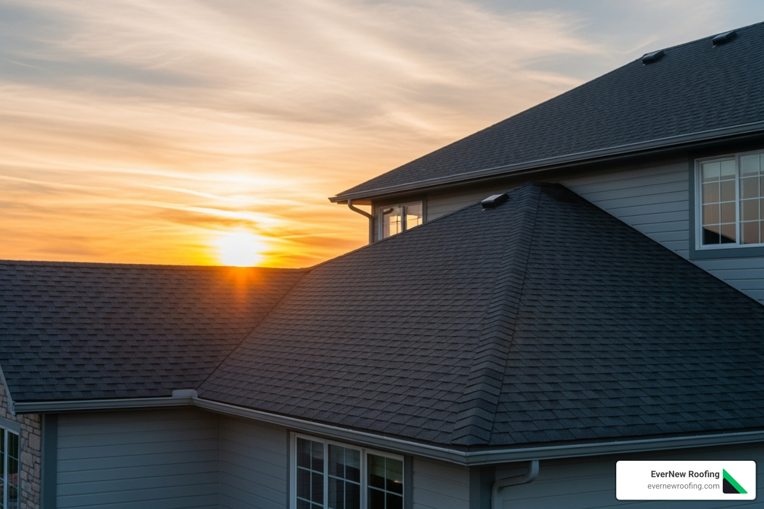 a beautiful, newly installed roof on a home at sunset - average cost to tear off and replace roof
