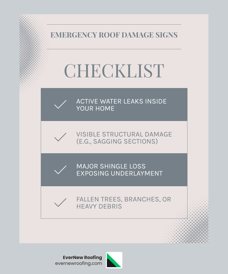 Infographic showing signs of serious roof damage requiring immediate attention including active leaks, missing shingles over 25 percent of roof area, sagging sections, visible daylight through attic, and exposed underlayment - Emergency roof damage repair infographic checklist-light-blue-grey