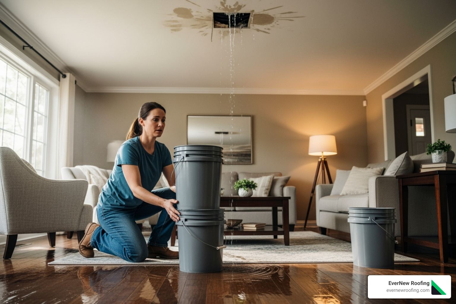 Homeowner placing buckets to catch water and moving furniture - Emergency roof damage repair