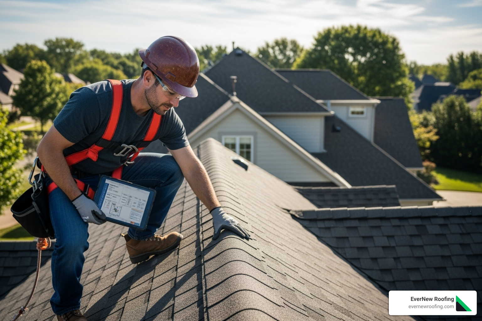 Roofer performing a roof inspection - Emergency roof damage repair