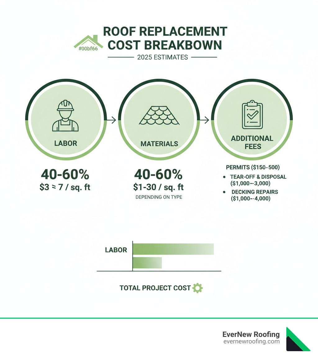 roof replacement cost breakdown infographic showing three main components: Labor costs making up 40-60% of total project cost at $3-$7 per square foot, Materials accounting for 40-60% ranging from $1-$30 per square foot depending on type, and Additional Fees including permits ($150-$500), tear-off and disposal ($1,000-$3,000), and potential decking repairs ($1,000-$4,000) - roof replacement cost infographic 