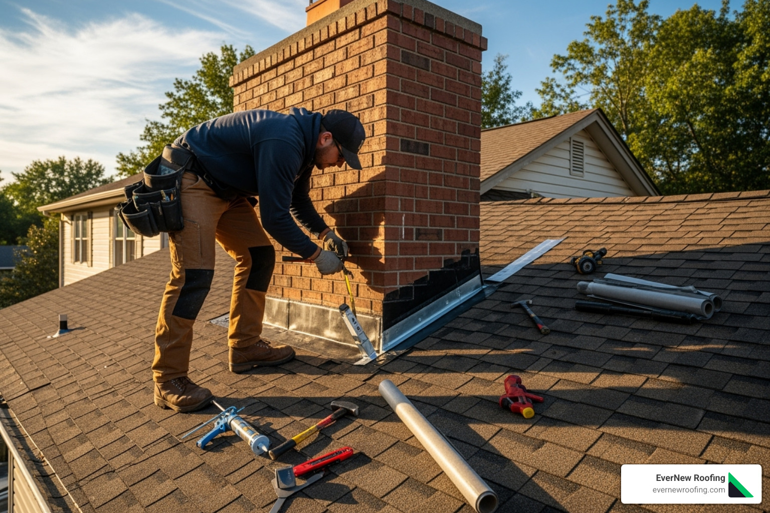 roofer repairing chimney flashing - average cost of roof repair