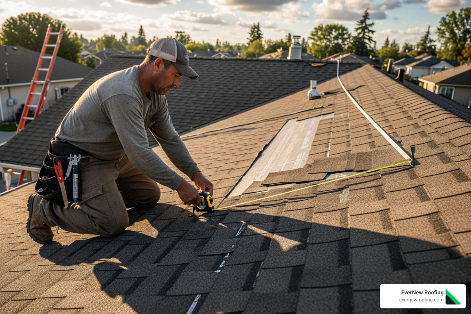 roofer measuring damaged roof section - average cost of roof repair