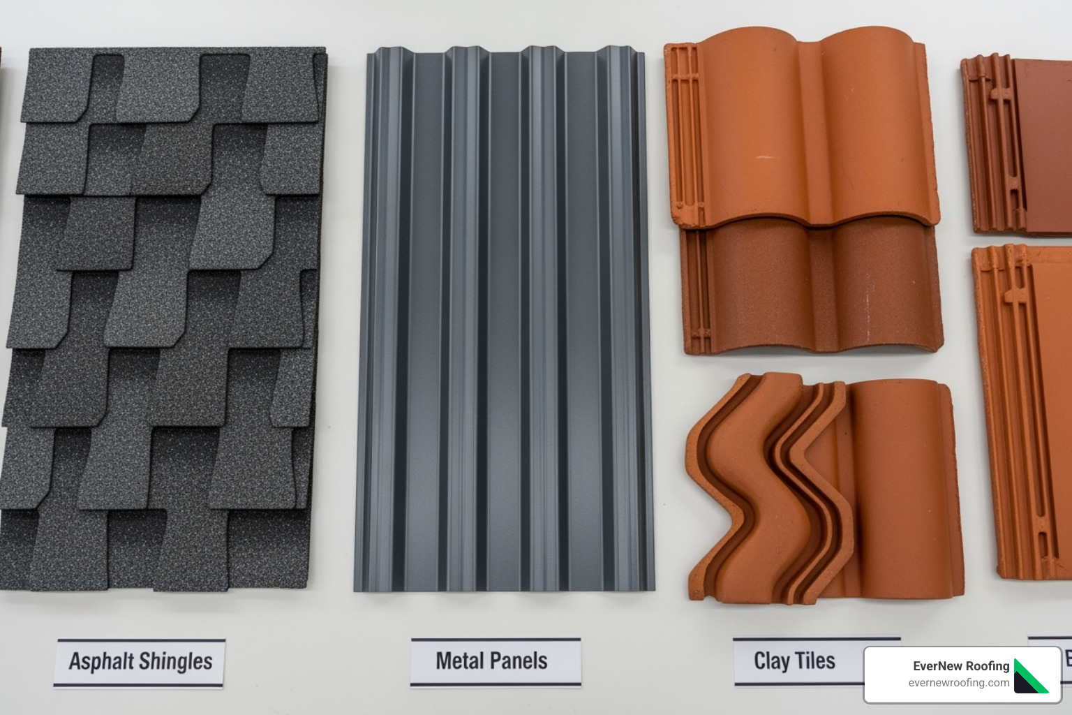 various roofing material samples like asphalt, metal, and tile - roof replacement cost