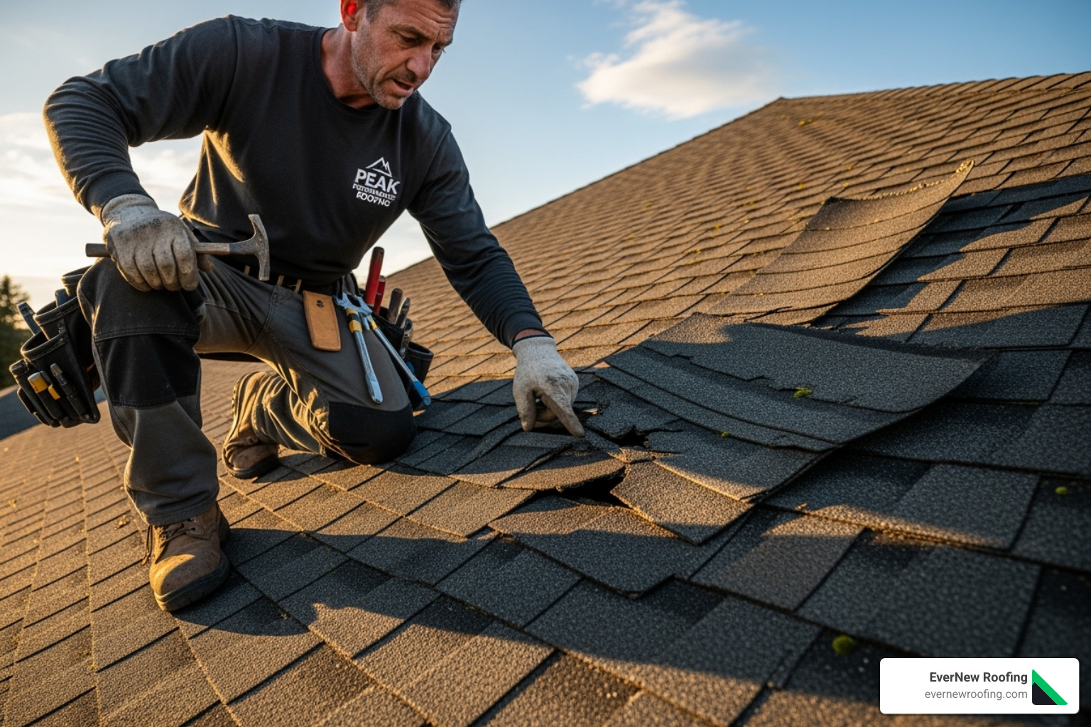 a roofer inspecting a damaged shingle up close - roof replacement cost