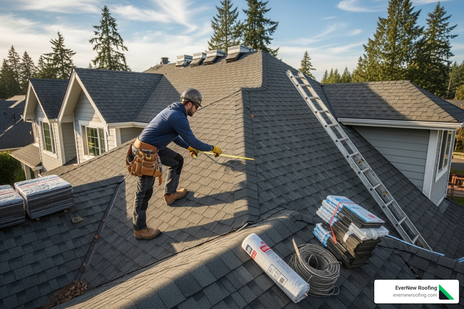 a roofer measuring a roof section - roof replacement cost