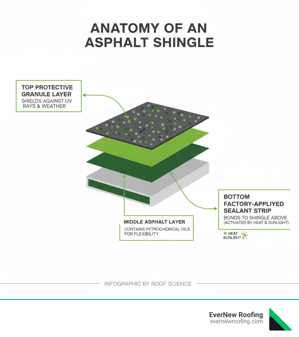 Infographic showing the anatomy of an asphalt shingle with three labeled layers: the top protective granule layer that shields against UV rays and weather, the middle asphalt layer containing petrochemical oils for flexibility, and the bottom factory-applied sealant strip that bonds to the shingle above when activated by heat and sunlight - roof shingle sealant infographic 