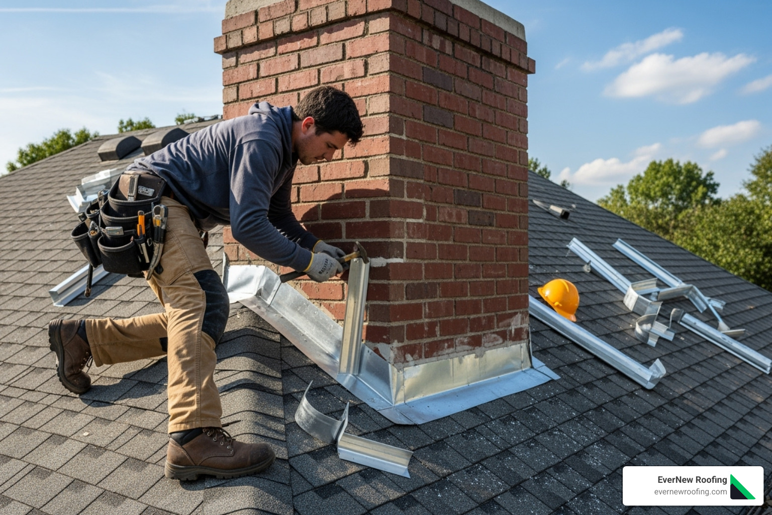 image of a roofer installing flashing around a chimney - cost of reroofing house