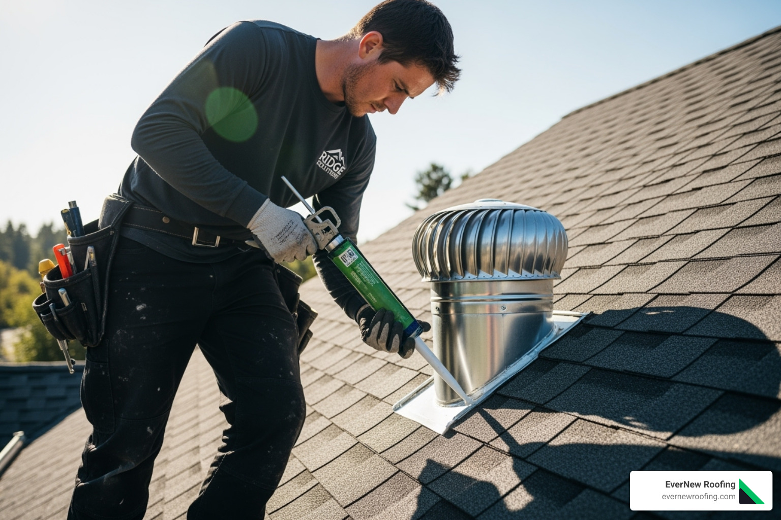 a professional safely applying sealant around a roof vent - roof shingle sealant