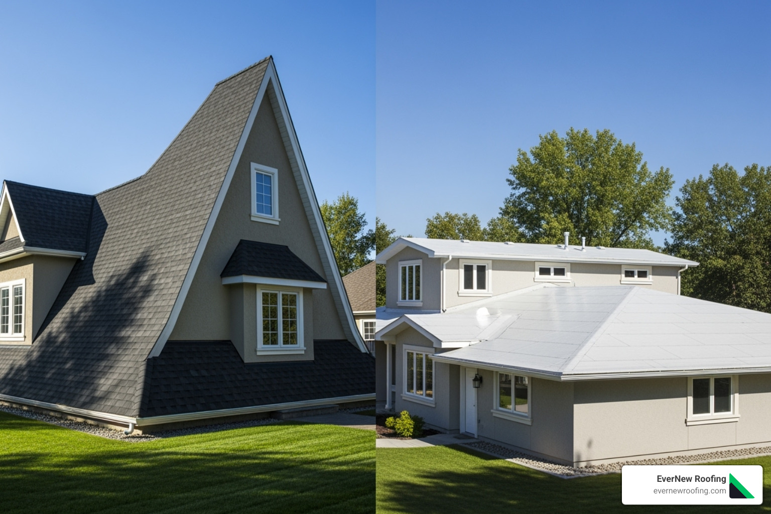 image illustrating a steep roof pitch versus a low-slope roof - cost of reroofing house