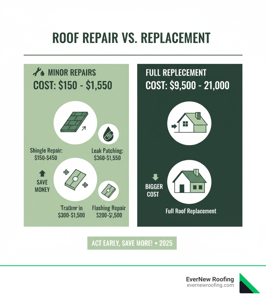 infographic showing average cost comparison between minor roof repairs ($150-$1,550) versus full roof replacement ($9,500-$21,000), with icons representing different repair types and their typical costs - budget friendly roof repair infographic infographic showing average cost comparison between minor roof repairs ($150-$1,550) versus full roof replacement ($9,500-$21,000), with icons representing different repair types and their typical costs - budget friendly roof repair infographic