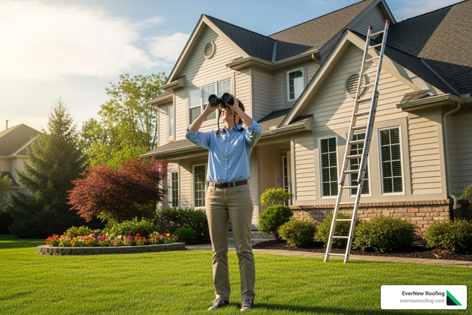 homeowner safely inspecting their roof with binoculars from the ground - budget friendly roof repair homeowner safely inspecting their roof with binoculars from the ground - budget friendly roof repair