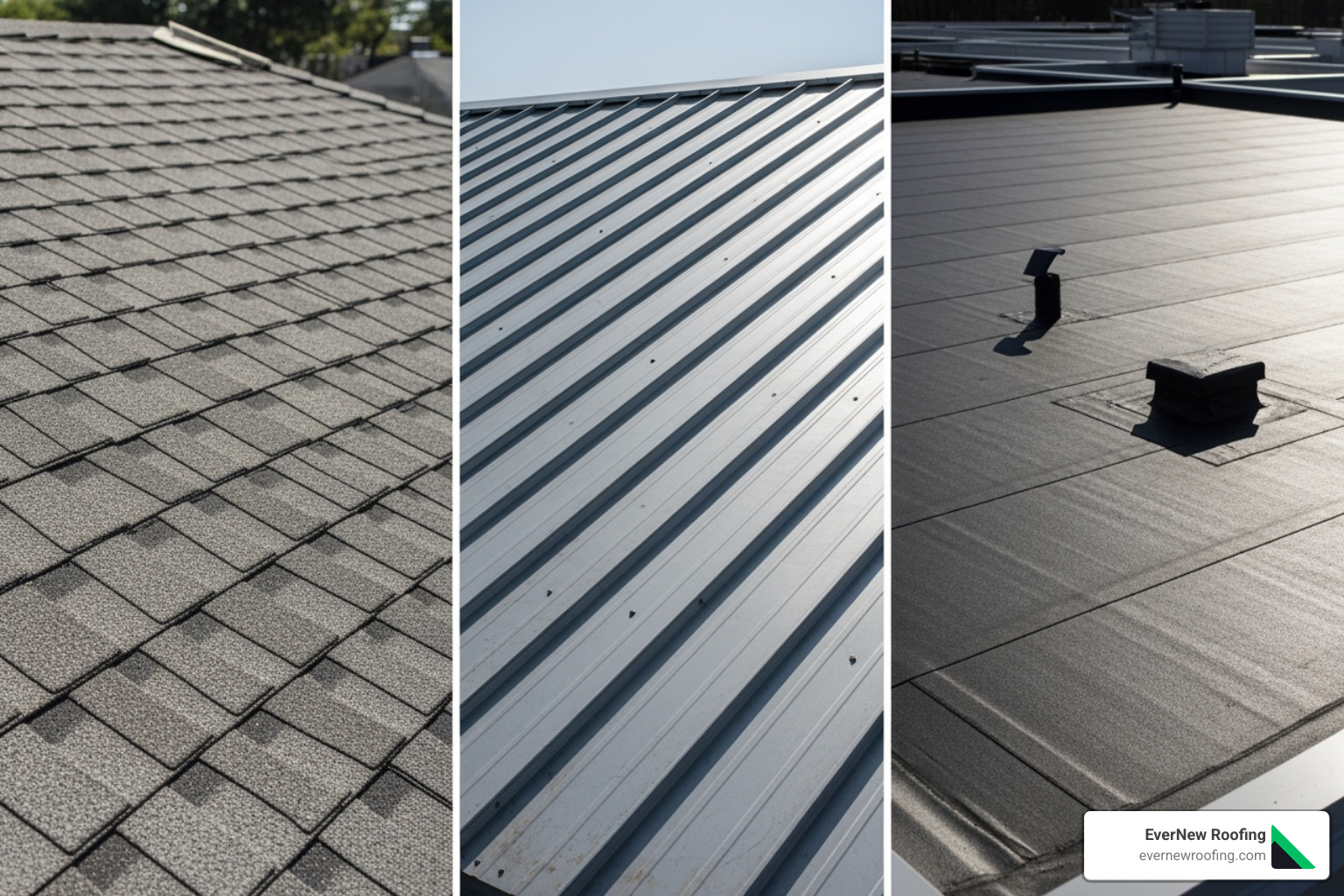 different roof types suitable for coating (asphalt shingle, metal, flat roof) - roof spray coating