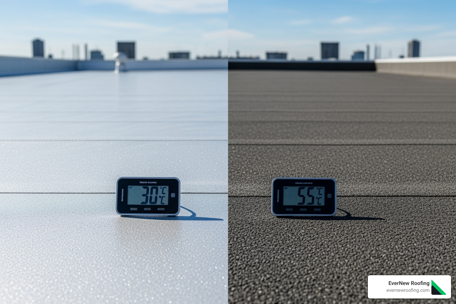 cool roof with a thermometer showing a lower surface temperature compared to an uncoated roof - roof spray coating
