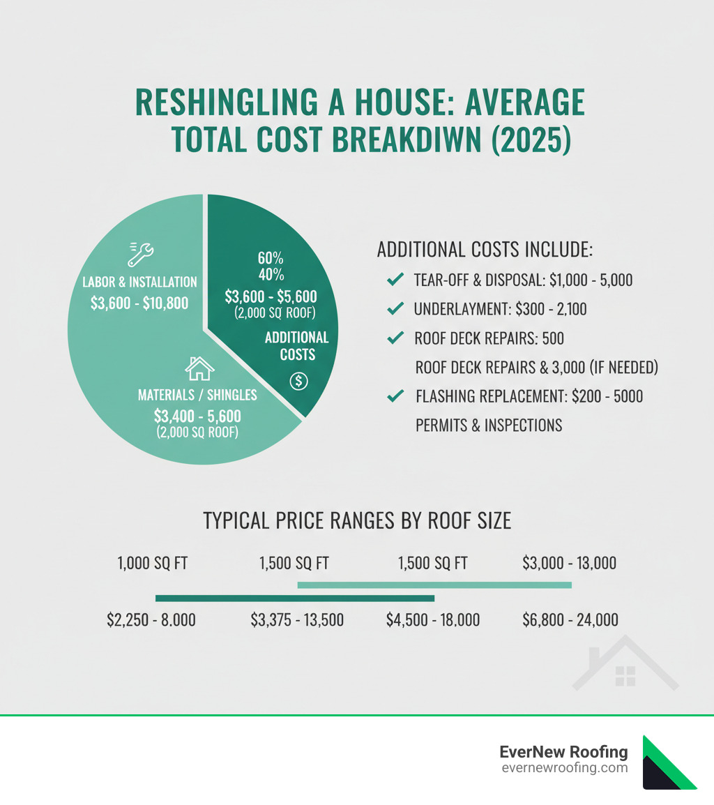 Detailed breakdown infographic showing the average total cost to reshingle a house, divided into three main components: Materials/Shingles (40% or $3,400-$5,600 for 2,000 sq ft roof), Labor/Installation (60% or $3,600-$10,800), and Additional Costs including tear-off and disposal ($1,000-$5,000), underlayment ($300-$2,100), roof decking repairs ($500-$3,000 if needed), flashing replacement ($200-$500), and permits/inspections ($250-$500). Includes visual representation of cost distribution and typical price ranges for different roof sizes. - cost to reshingle a house infographic Detailed breakdown infographic showing the average total cost to reshingle a house, divided into three main components: Materials/Shingles (40% or $3,400-$5,600 for 2,000 sq ft roof), Labor/Installation (60% or $3,600-$10,800), and Additional Costs including tear-off and disposal ($1,000-$5,000), underlayment ($300-$2,100), roof decking repairs ($500-$3,000 if needed), flashing replacement ($200-$500), and permits/inspections ($250-$500). Includes visual representation of cost distribution and typical price ranges for different roof sizes. - cost to reshingle a house infographic