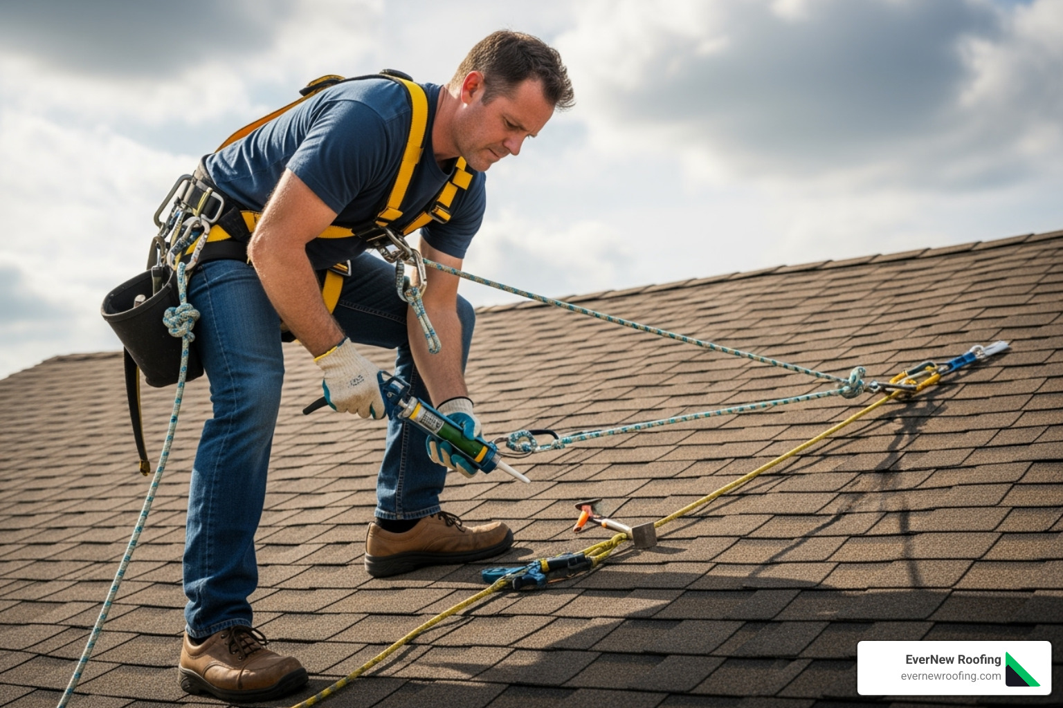 person on a roof with proper safety gear including a harness, non-slip shoes, and gloves - cracked shingle repair