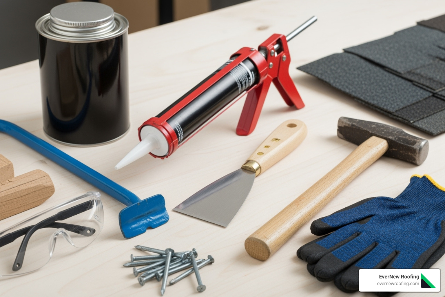 necessary tools for shingle repair including roofing cement, caulk gun, putty knife, pry bar, hammer, roofing nails, safety gear - cracked shingle repair