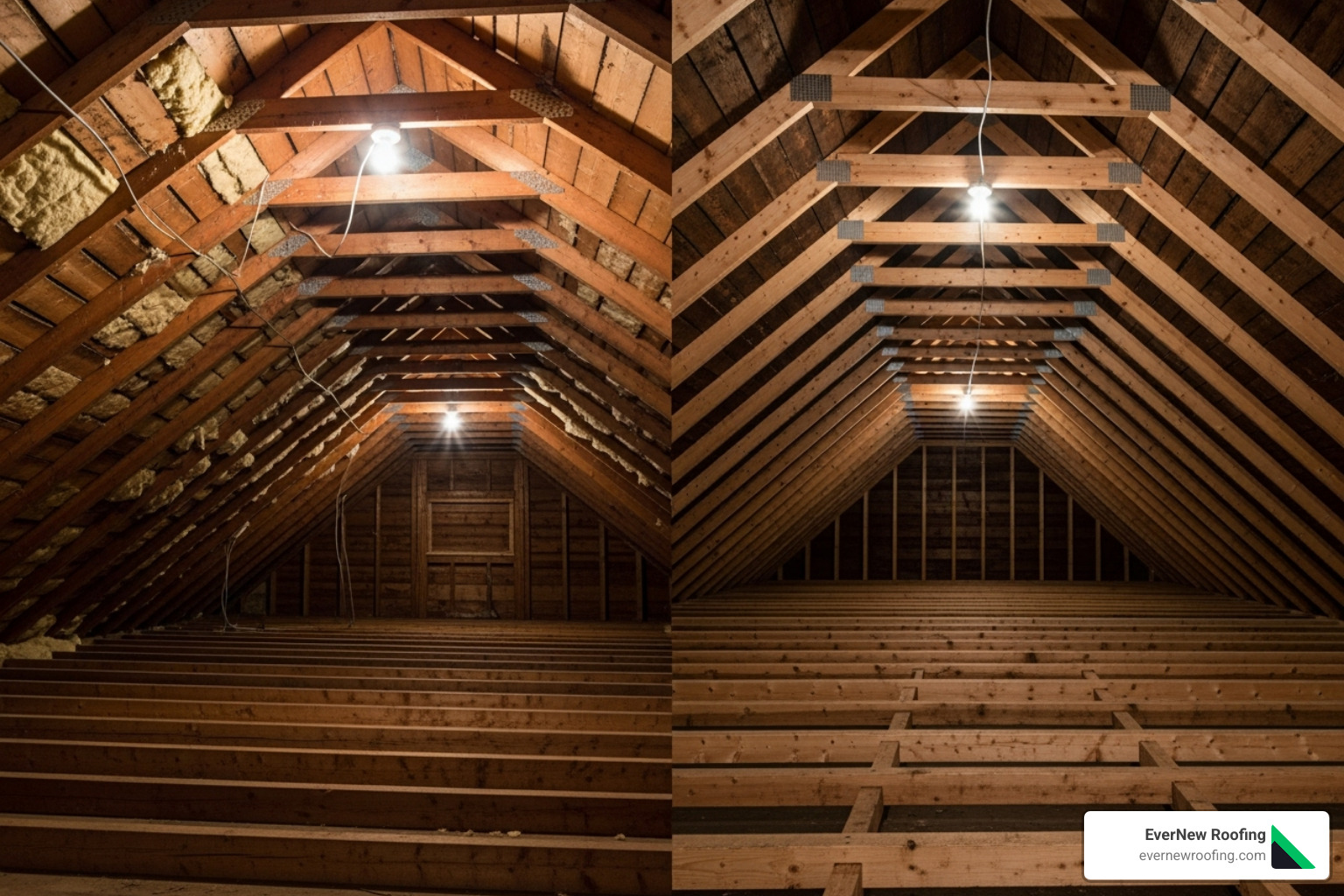 comparing a stick-framed attic interior with a truss-framed attic interior - cost to extend roof