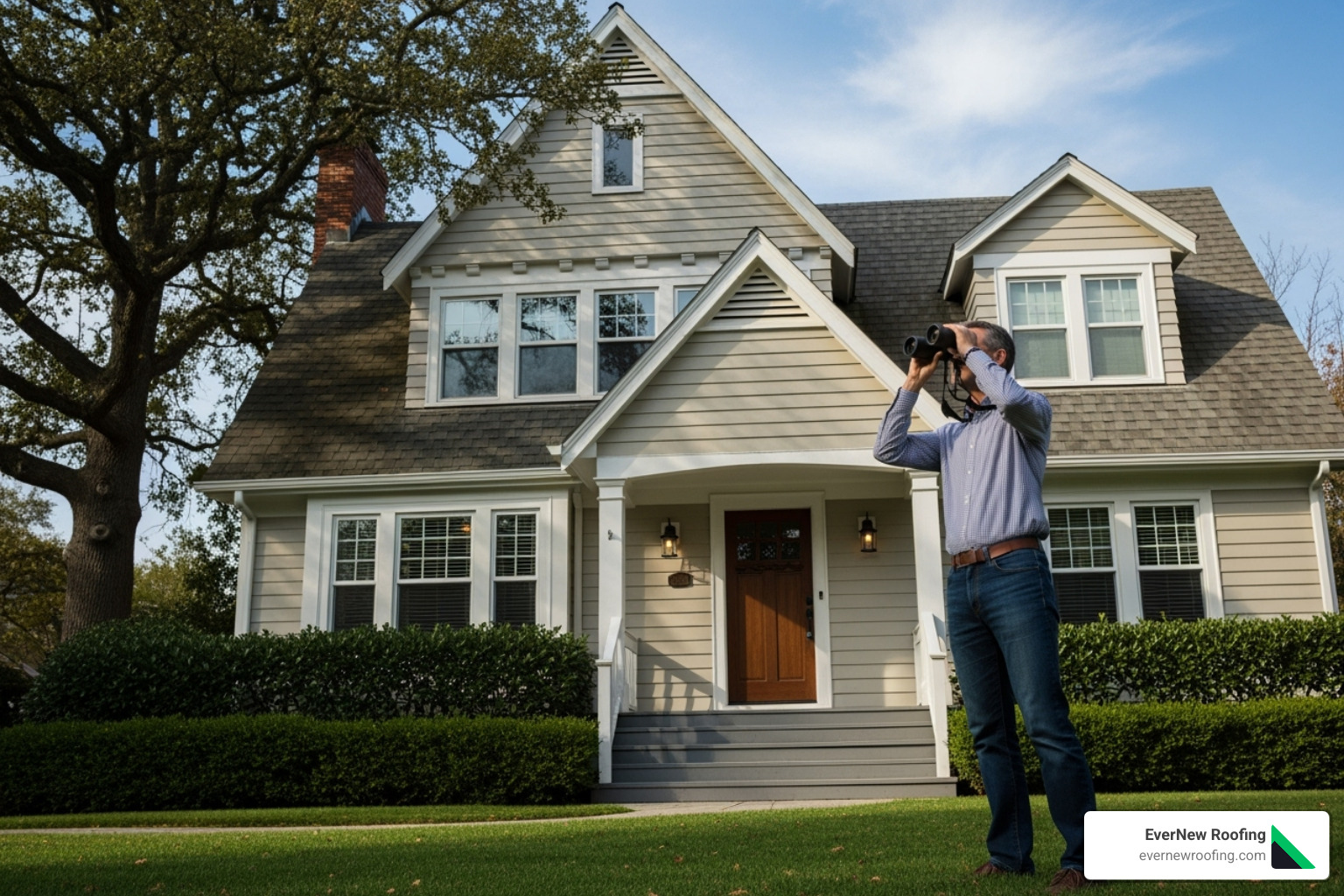 homeowner inspecting their roof from the ground with binoculars - roofing replacement near me