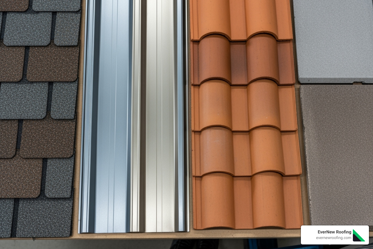 various roofing material samples like asphalt shingles, metal panels, and tiles - roofing replacement near me