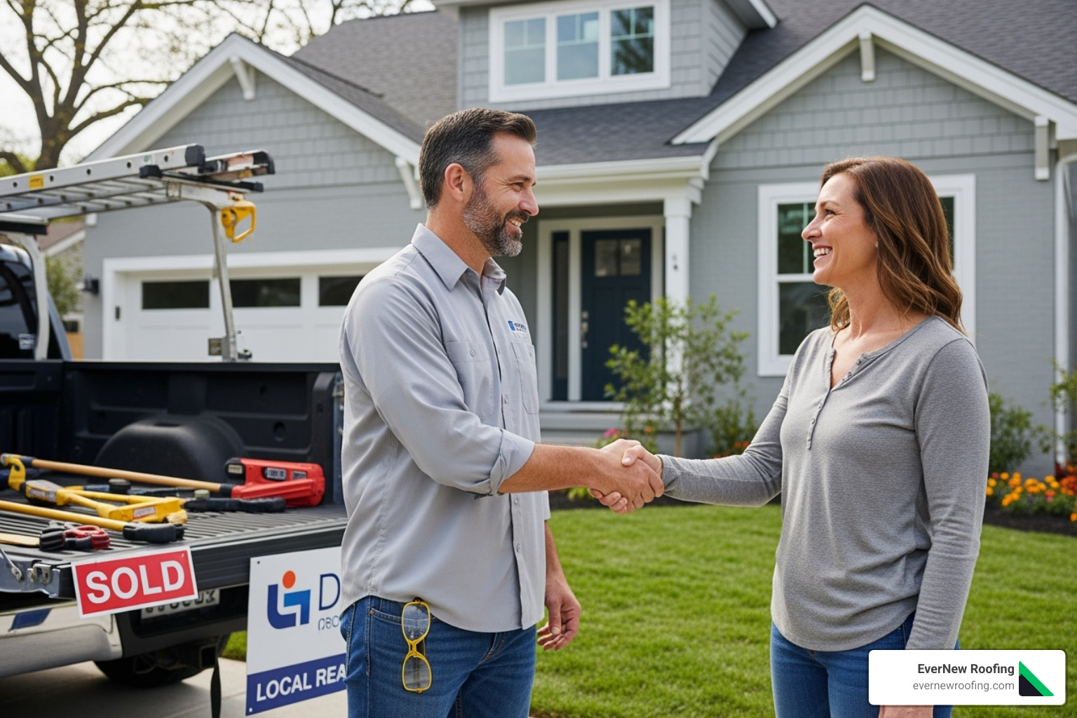 friendly contractor shaking hands with a homeowner - roofing replacement near me