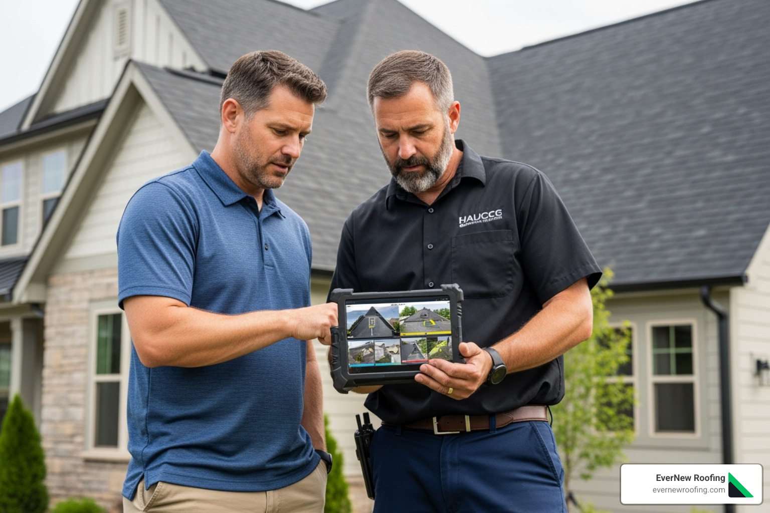 a homeowner reviewing a digital inspection report on a tablet with an EverNew Roofing inspector - Same day roof inspection
