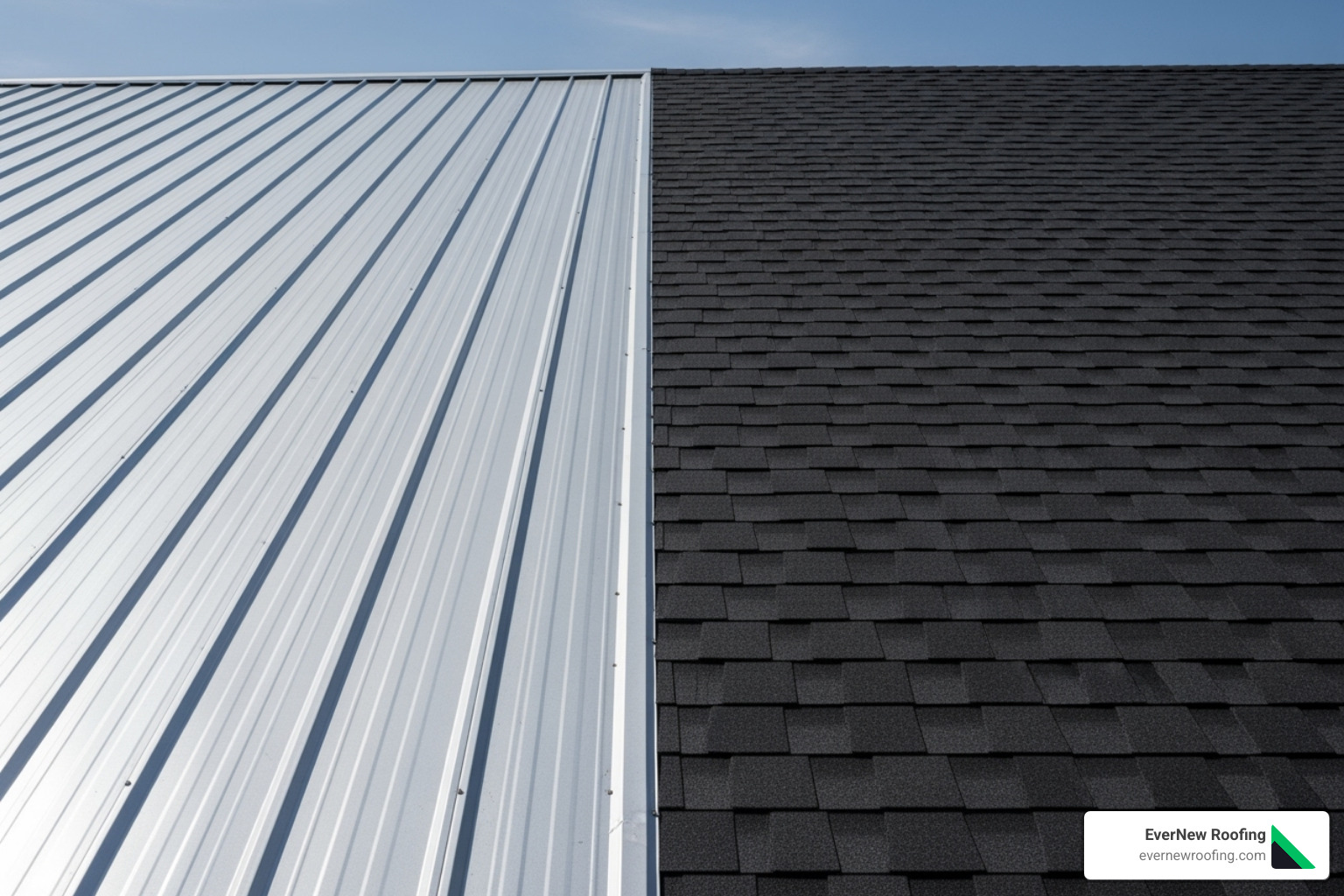 split view of a coated metal roof and coated asphalt shingles - roof coating services near me