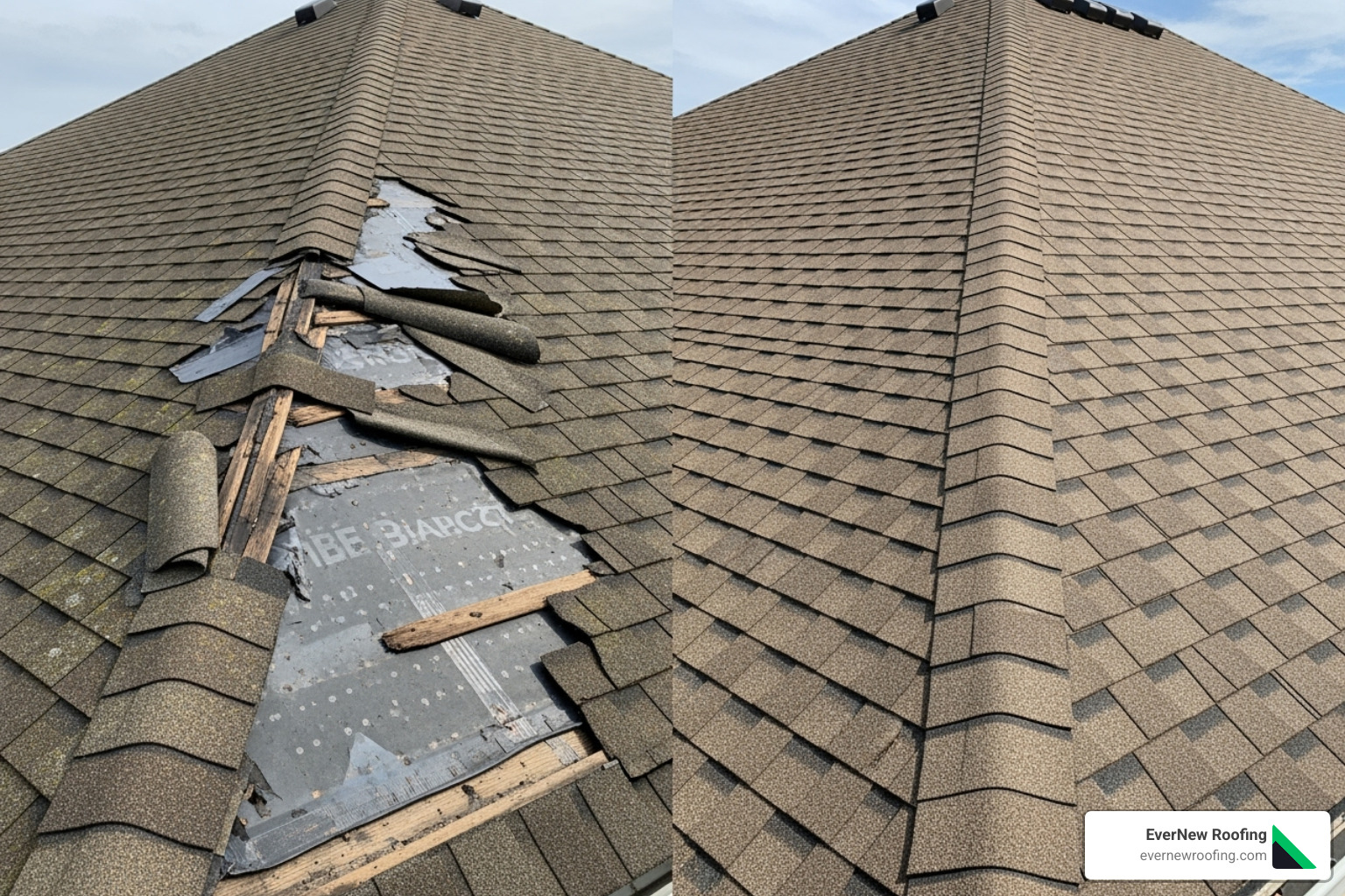 damaged shingle section vs. repaired shingle section - 1800 sq ft roof replacement cost