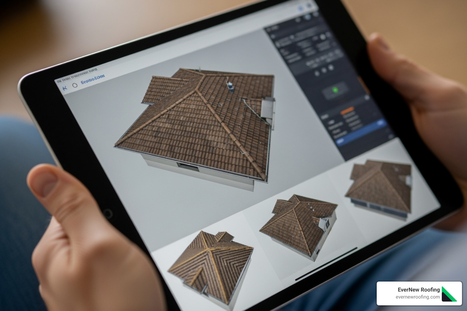 a tablet showing a 3D model of a roof generated from drone data - Same day roof inspection