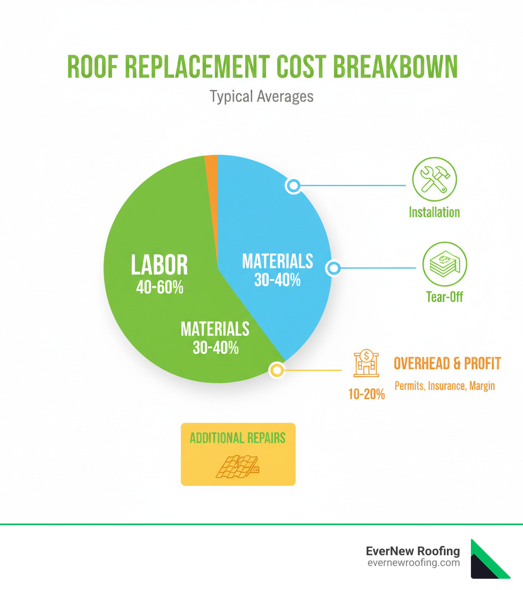 Infographic showing the typical breakdown of roof replacement costs: 40-60% labor, 30-40% materials, 10-20% overhead and profit, with callouts for tear-off, installation, and additional repairs - labor cost to roof a house infographic 
