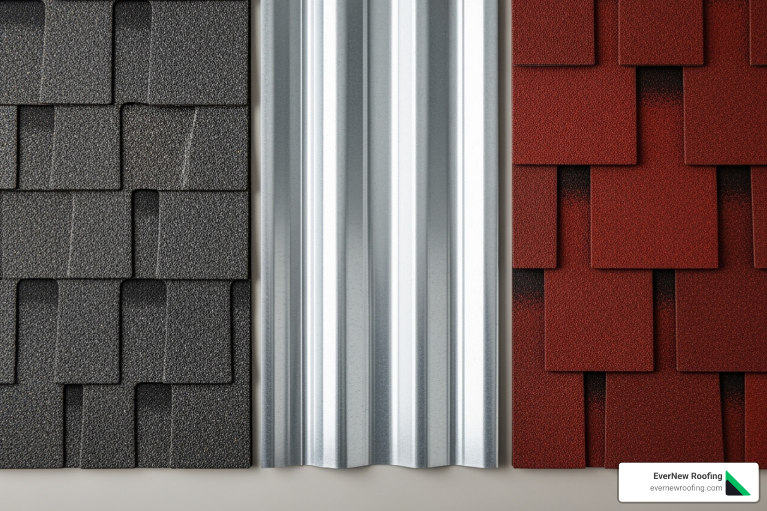 various roofing materials like asphalt shingles, metal panels, and architectural shingles side-by-side - labor cost to roof a house