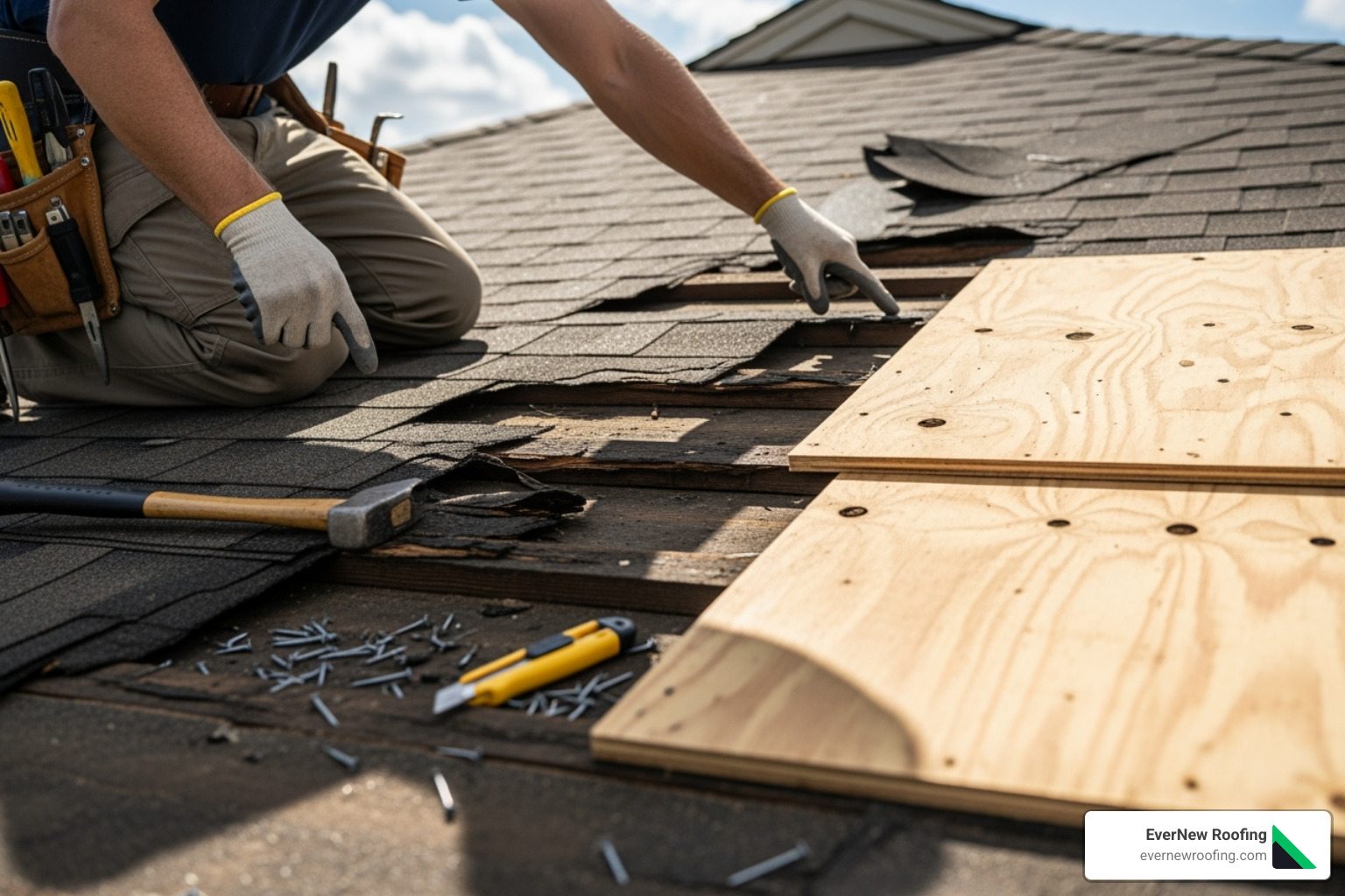 roofer inspecting and replacing rotted roof decking - labor cost to roof a house