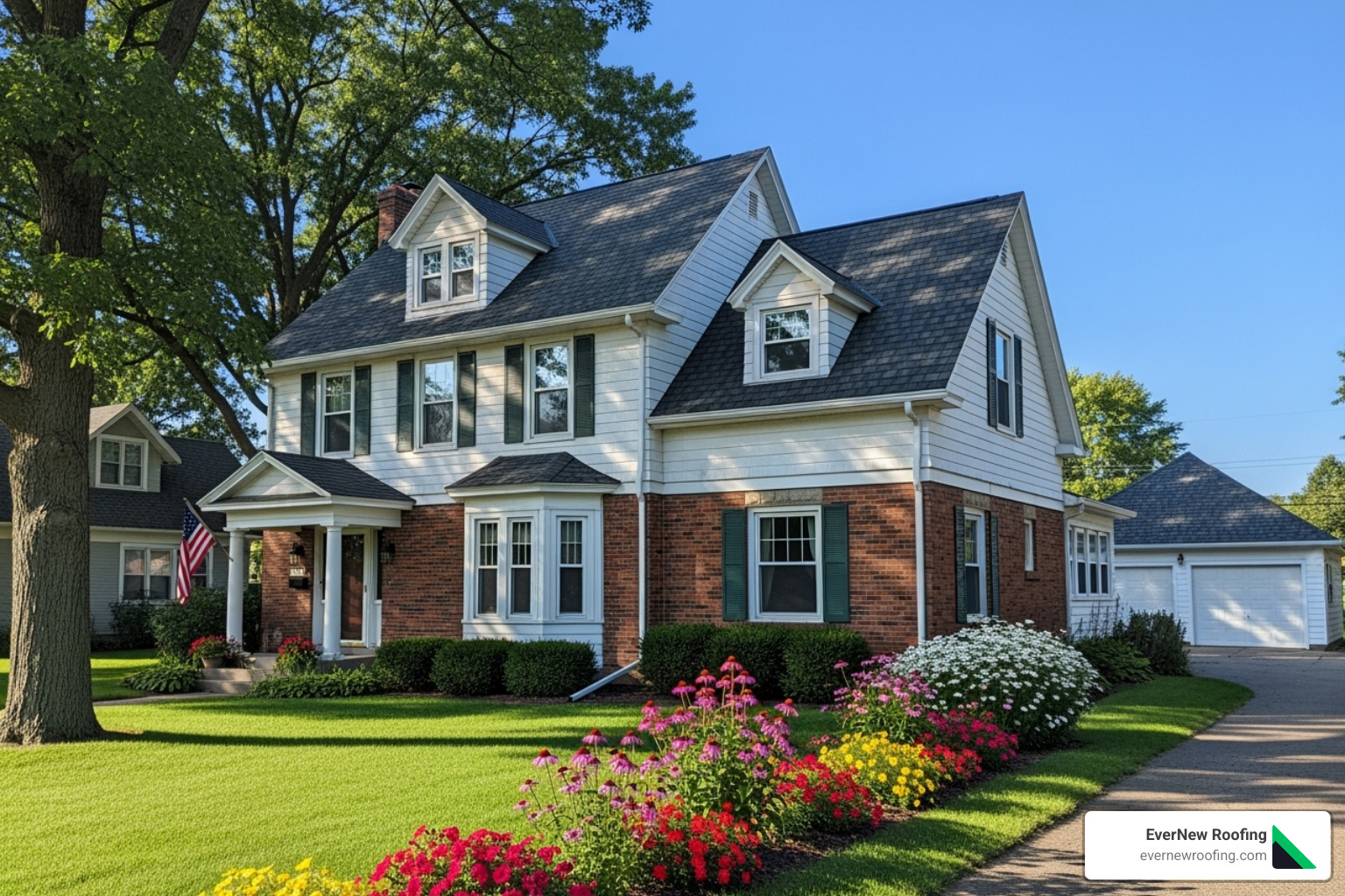 beautiful, restored roof on a classic Michigan home, enhancing its curb appeal - asphalt shingle rejuvenation michigan
