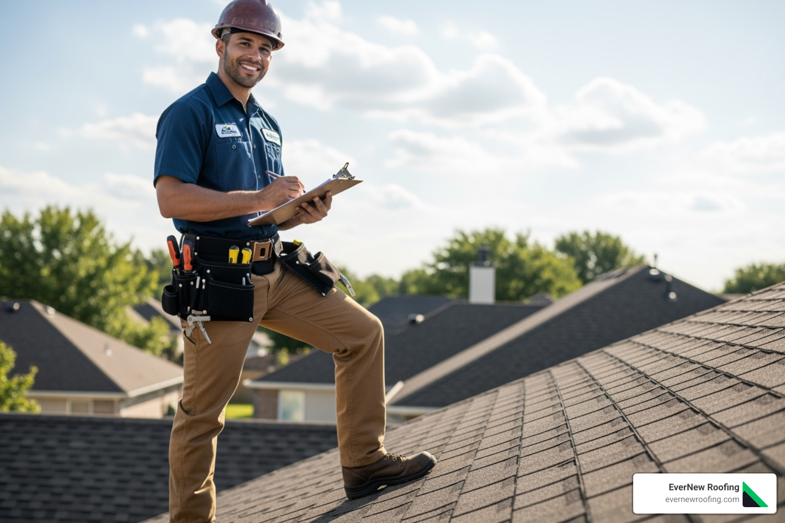 friendly, uniformed professional performing a roof inspection with a clipboard - asphalt shingle rejuvenation michigan