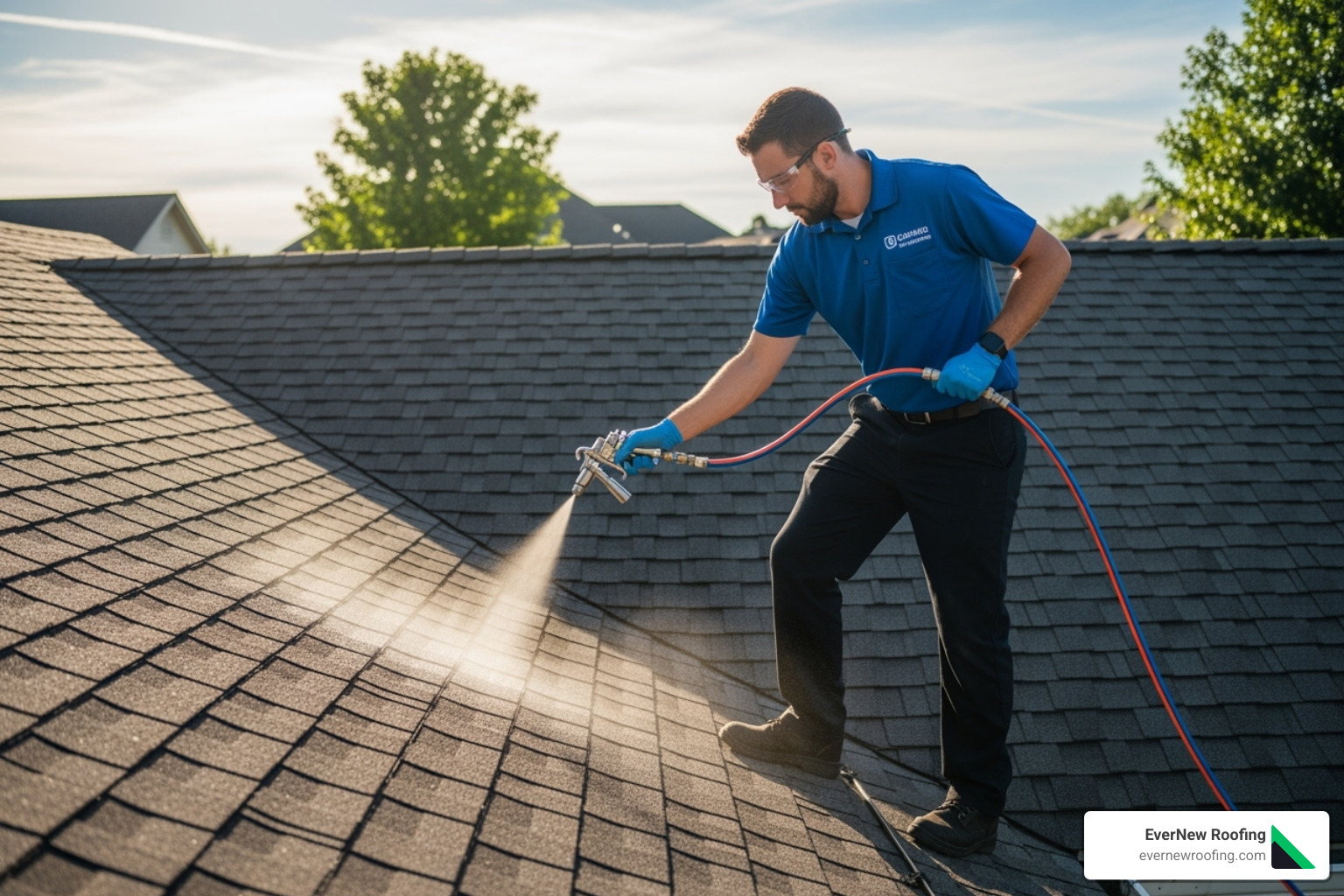 certified technician in uniform carefully spray-applying a rejuvenation treatment to an asphalt shingle roof - asphalt shingle rejuvenation michigan
