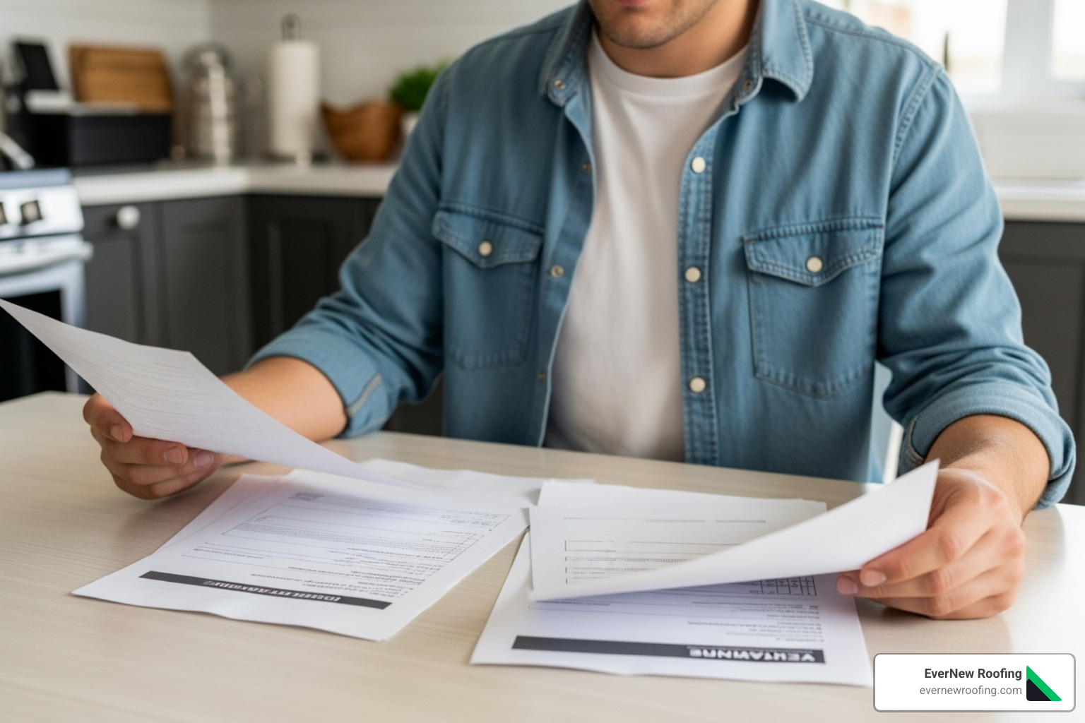 homeowner reviewing multiple paper estimates at a kitchen table - new roof estimate near me