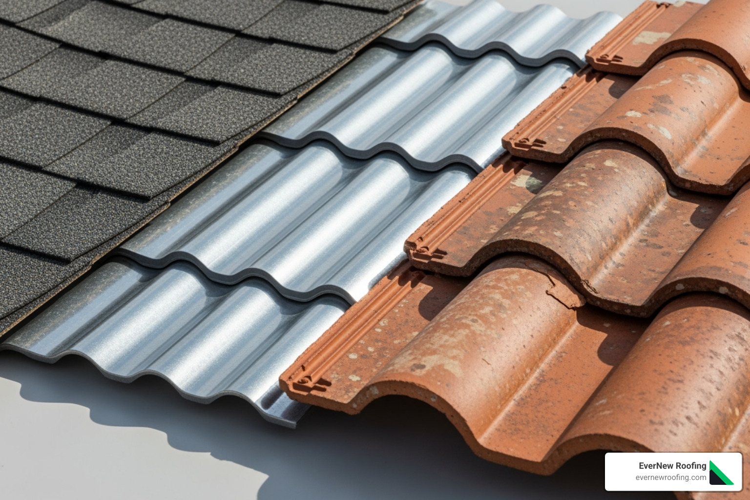 Different roofing material samples like asphalt, metal, and tile - new roof estimate near me
