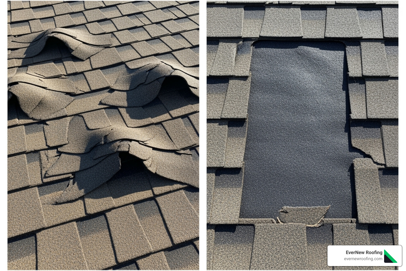 split screen showing curling, damaged shingles on one side and a single missing shingle on the other - new roof estimate near me