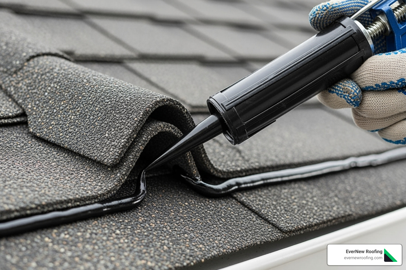 applying roofing sealant under a curled shingle - repair of roofing