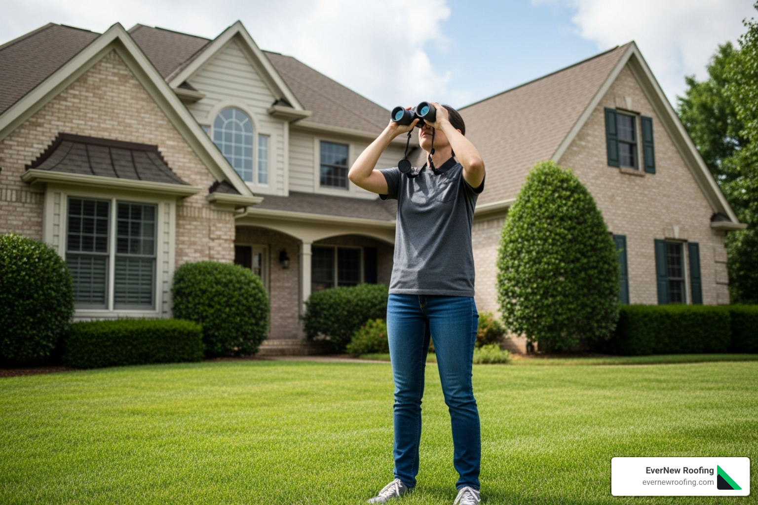 homeowner safely inspecting their roof from the ground with binoculars - repair of roofing