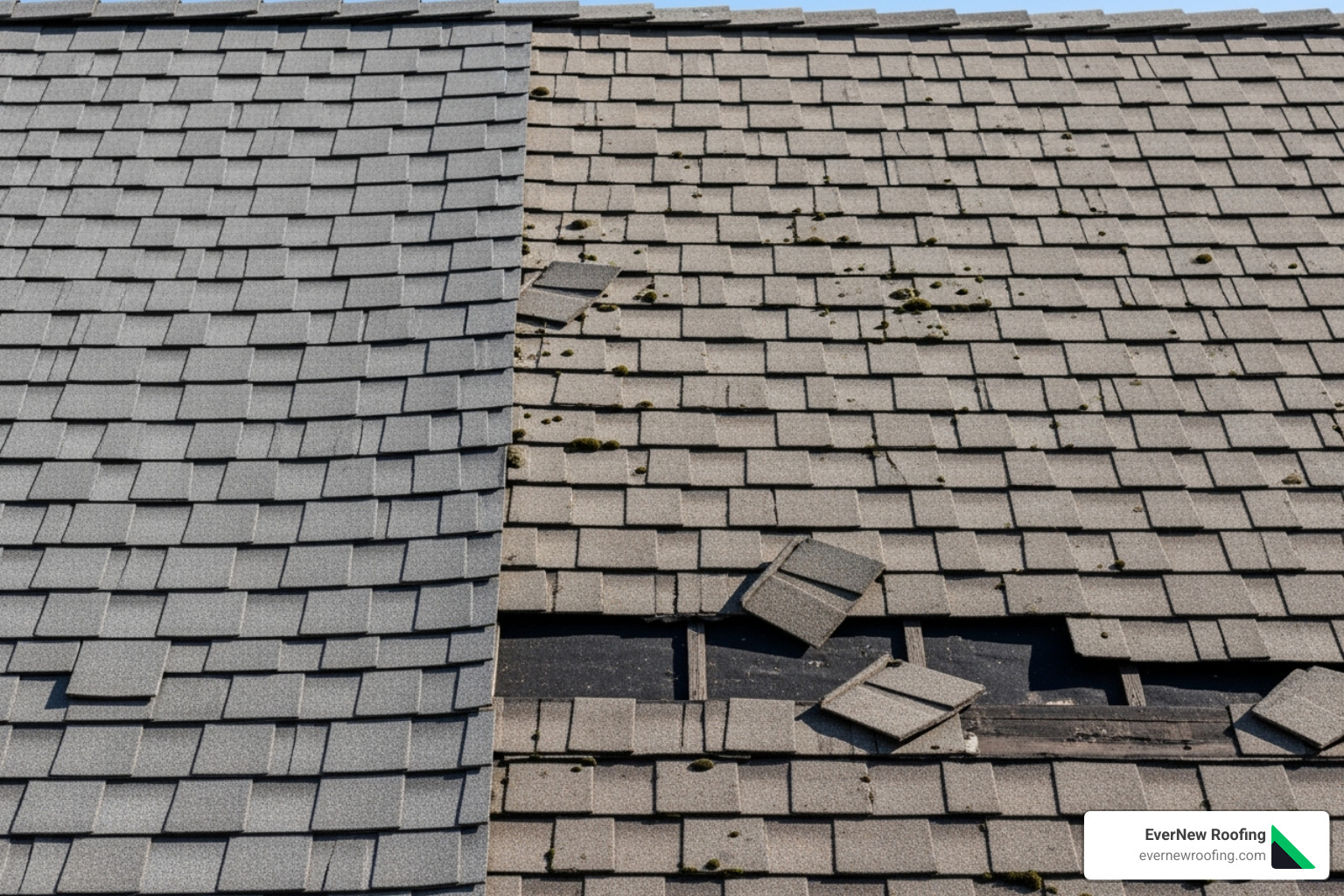 comparing a localized area of damaged shingles (repair) next to an old, widespread worn-out roof (replacement) - repair of roofing