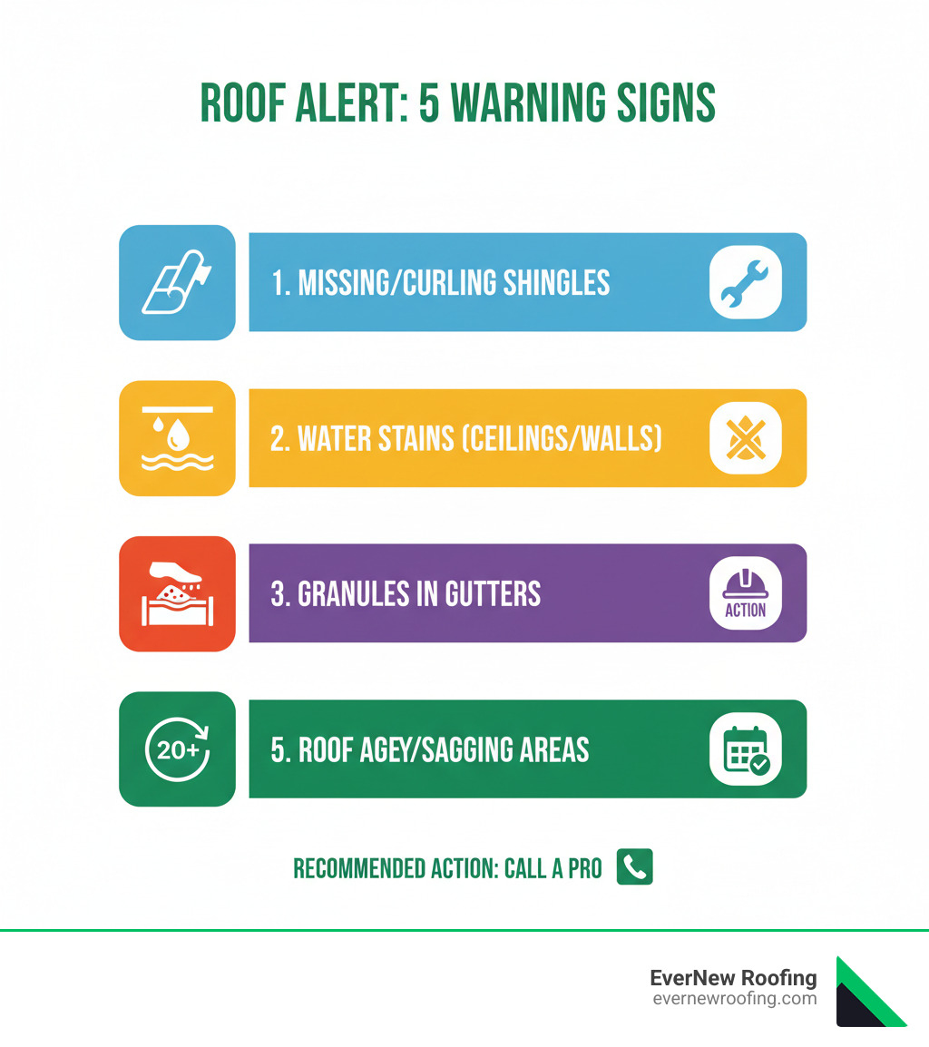 Infographic showing the top 5 warning signs your roof needs attention: missing or curling shingles, water stains on ceilings or walls, granules collecting in gutters, spongy or sagging areas when walked on, and roof age over 20 years, with visual icons for each warning sign and recommended action steps - low cost roofers near me infographic 