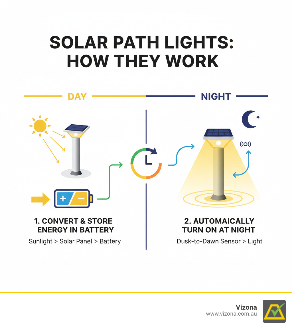 Infographic showing how solar path lights convert sunlight to energy during the day, store it in a battery, and automatically turn on at night using a dusk-to-dawn sensor - path lights solar powered infographic Infographic showing how solar path lights convert sunlight to energy during the day, store it in a battery, and automatically turn on at night using a dusk-to-dawn sensor - path lights solar powered infographic