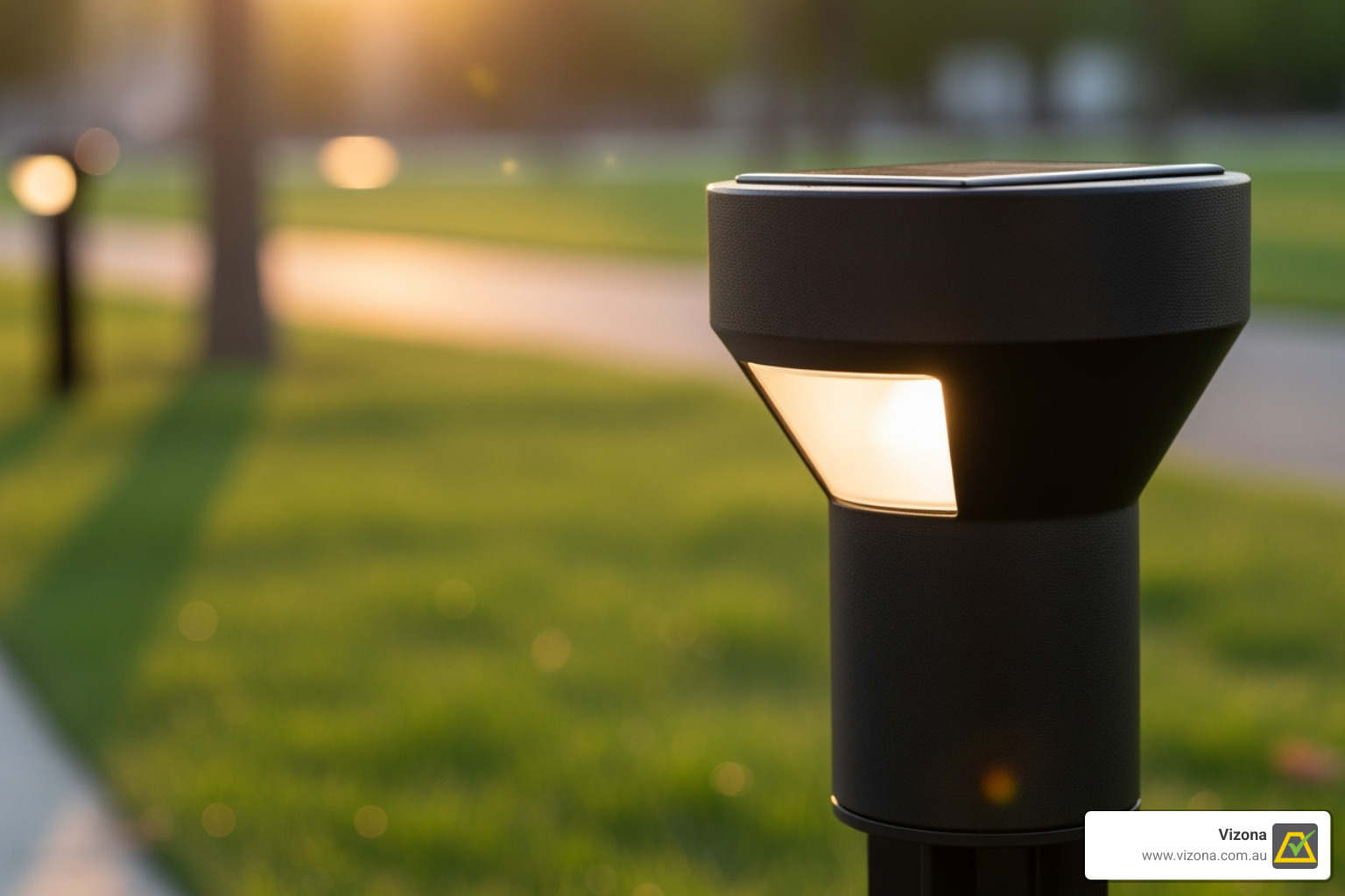 Close-up of a durable, weatherproof solar path light, showing solar panel and LED - path lights solar powered Close-up of a durable, weatherproof solar path light, showing solar panel and LED - path lights solar powered