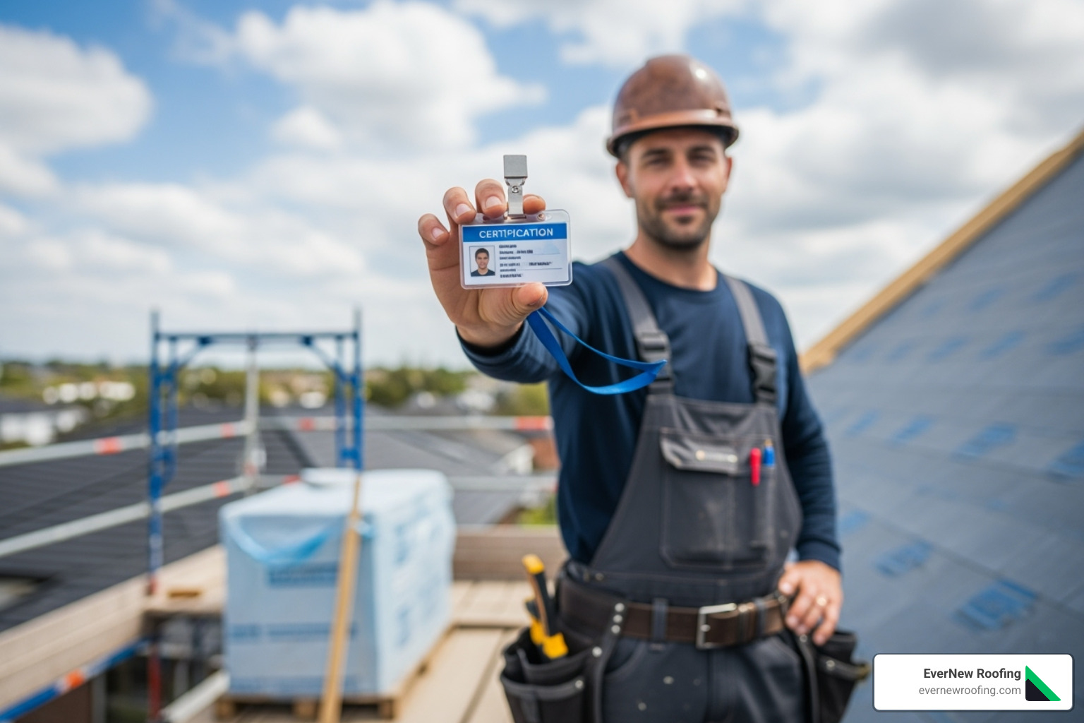 roofer showing certification badge - professional roof care