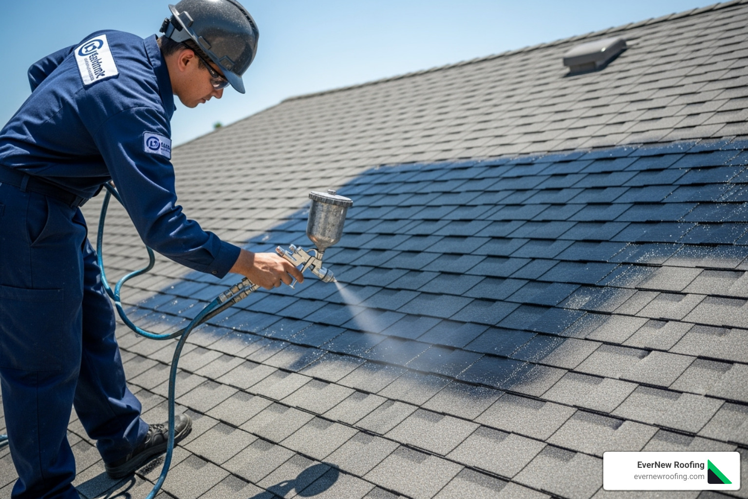 uniformed professional carefully spraying a roof section - roof coating for shingles