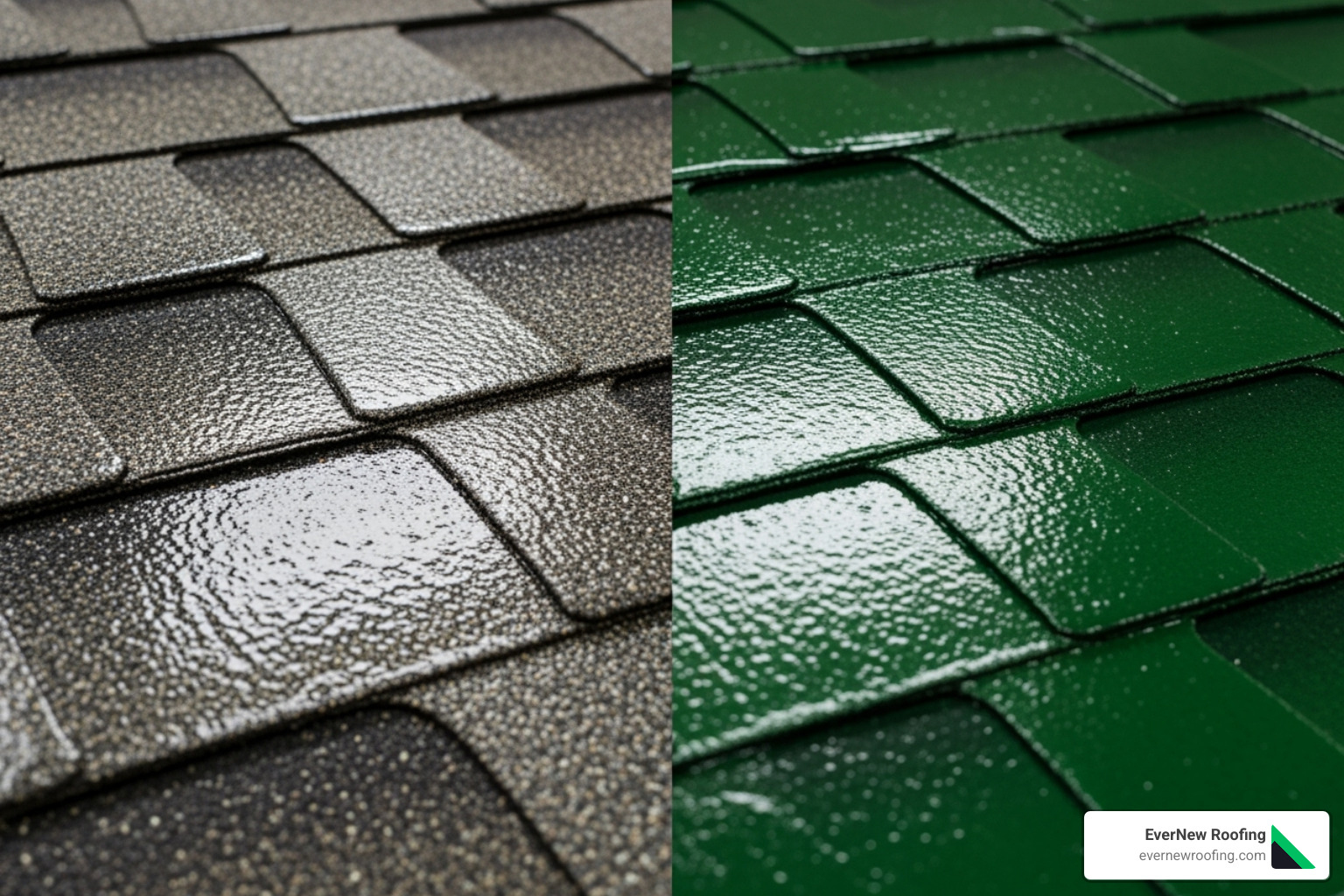 split-screen of a clear-coated shingle and a color-coated shingle - roof coating for shingles