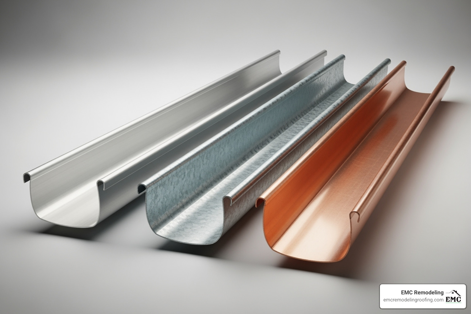 different gutter materials like aluminum, steel, and copper side-by-side - gutter installation cedar park tx