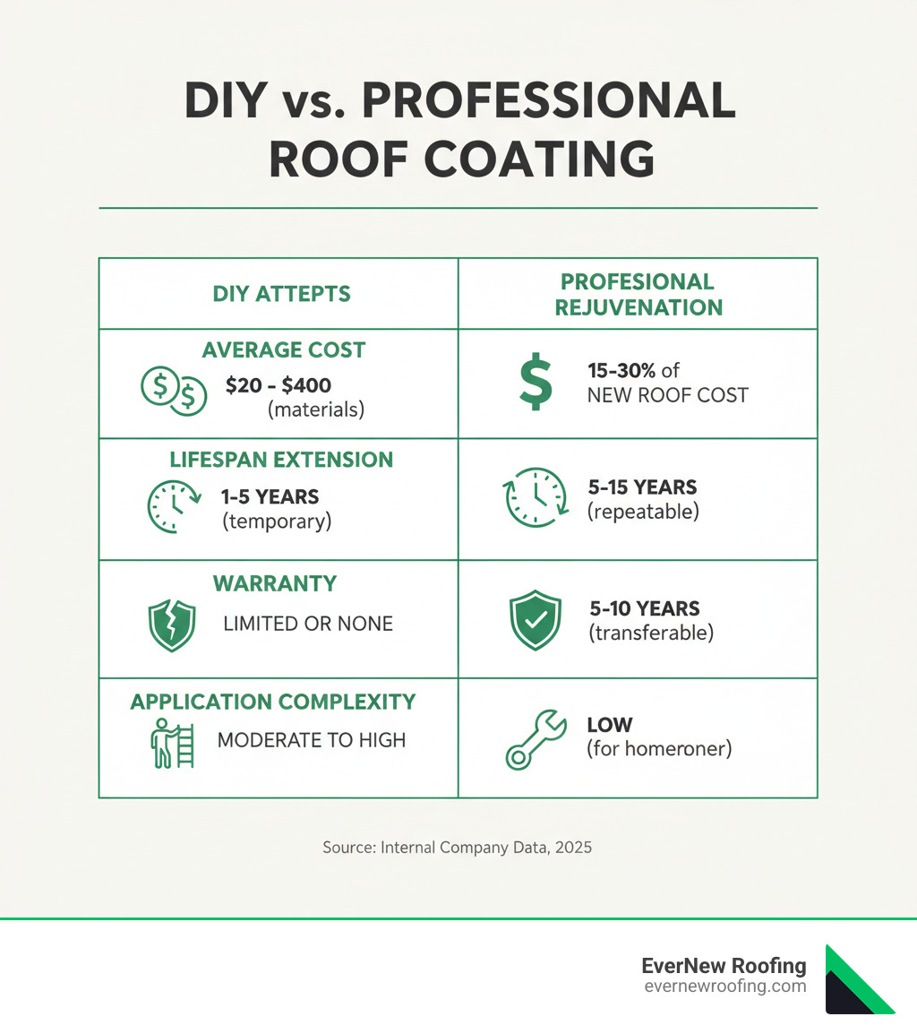 comparison table of DIY vs professional roof coating - roof coating for shingles infographic 